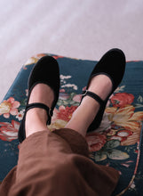 Load image into Gallery viewer, Black velvet Mary Jane slippers the moonflowers cayumas
